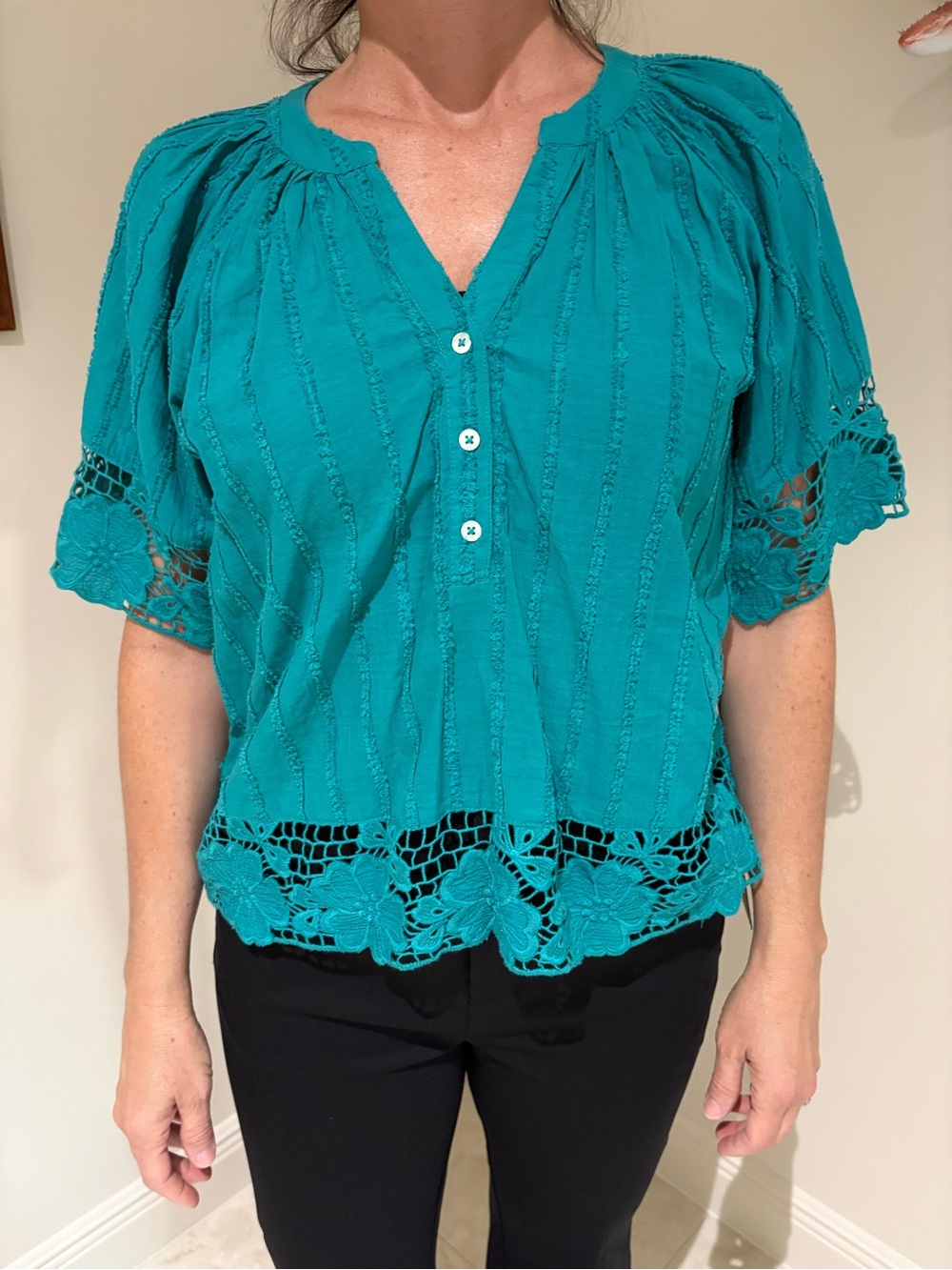 Liverpool Teal Crochet-Hem Button Front Blouse